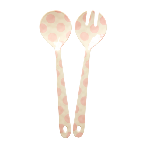 Melamine Salad Spoon and Fork with Pink Dots Print