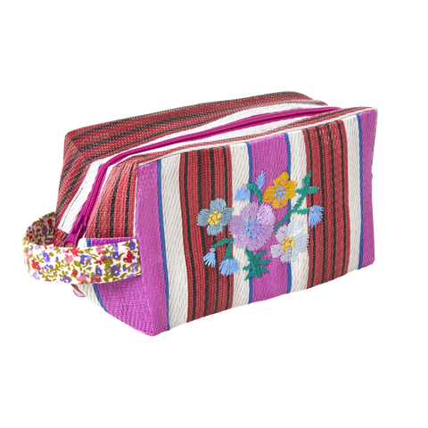 Recycled Plastic Pouch Bag in Stripes with Flower Embroidery - Large