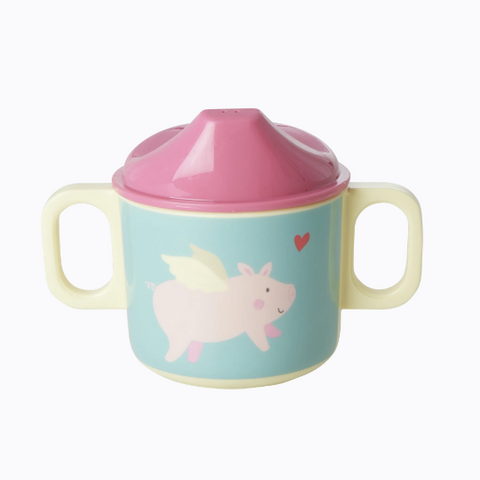 Melamine 2 Handle Baby Cup Pink - Flying Pig - Green