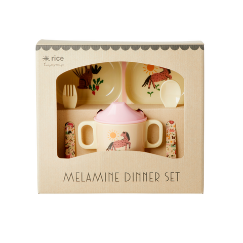 Melamine Baby Dinner Set in Gift Box - Soft Pink Farm Print - 4 pcs.