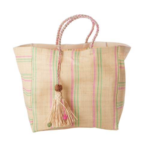 Raffia Shopping Bag with Pink and Green Details