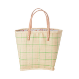 Raffia Bags in Natural with Green Checks and Fabric Closing - Raffia Handles