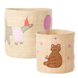 Raffia Round Basket with Pink Party Animal Theme - 2 Sizes