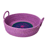 Raffia Round Bread Basket with Flower Embroidery - Lavender