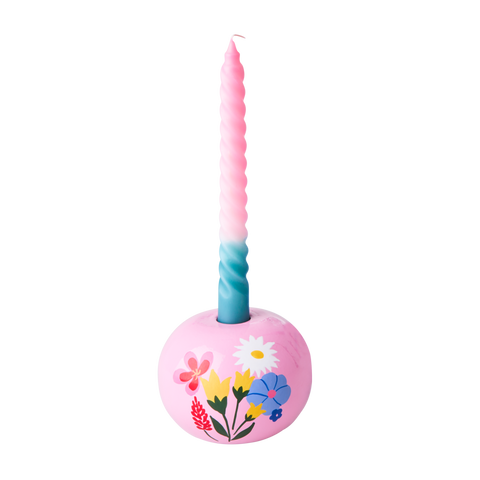 Metal Candleholder in Pink with Hand Painted Flower - Small