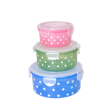 Plastic Round Food Boxes in Asst. Colors with Print - 3 pcs