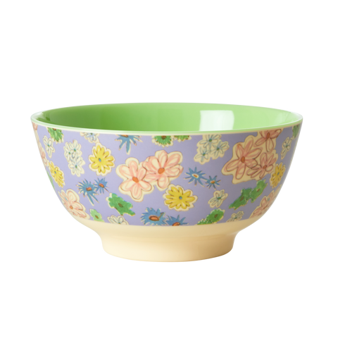 Melamine Bowl with Flower Painting Print - Two Tone - Medium