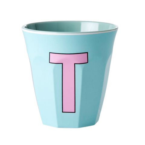 Alphabet Melamine Cup with Letter T Print - Soft Blue Two Tone - Medium