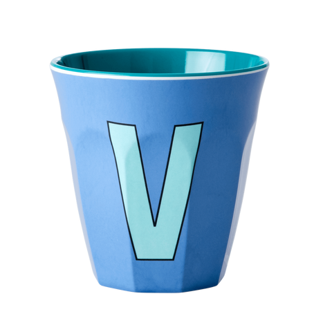 Alphabet Melamine Cup with Letter V Print - Dusty Blue Two Tone - Medium