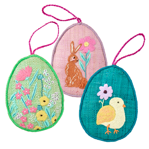 Large Raffia Easter Eggs Ornaments 3 Asst. Designs with Flower, Rabbit and Hen Embroidery